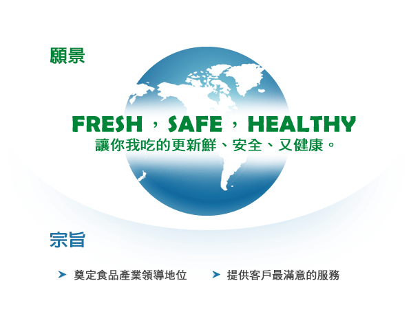金利食安股份有限公司願景FRESH,SAFE,HEALTHY,讓你我吃的更新鮮、安全、又健康。宗旨:奠定食品產業領導地位提供客戶最滿意的服務